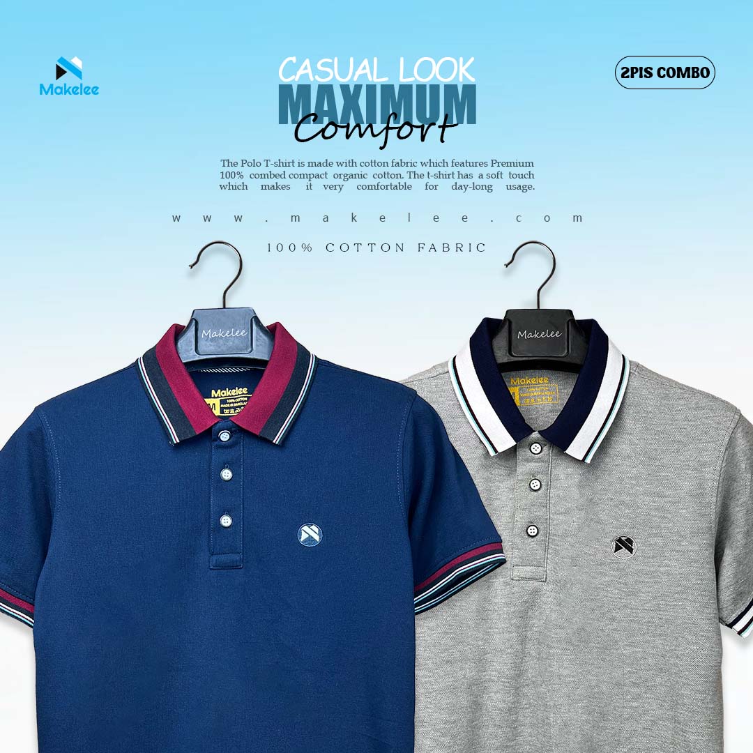 Premium Cotton Polo T Shirt ( Navy Blue & Gray Combo-2pcs)