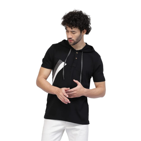 Kalt Men Half Sleeves Cotton Blend Colour Block Hoodie T-Shirt