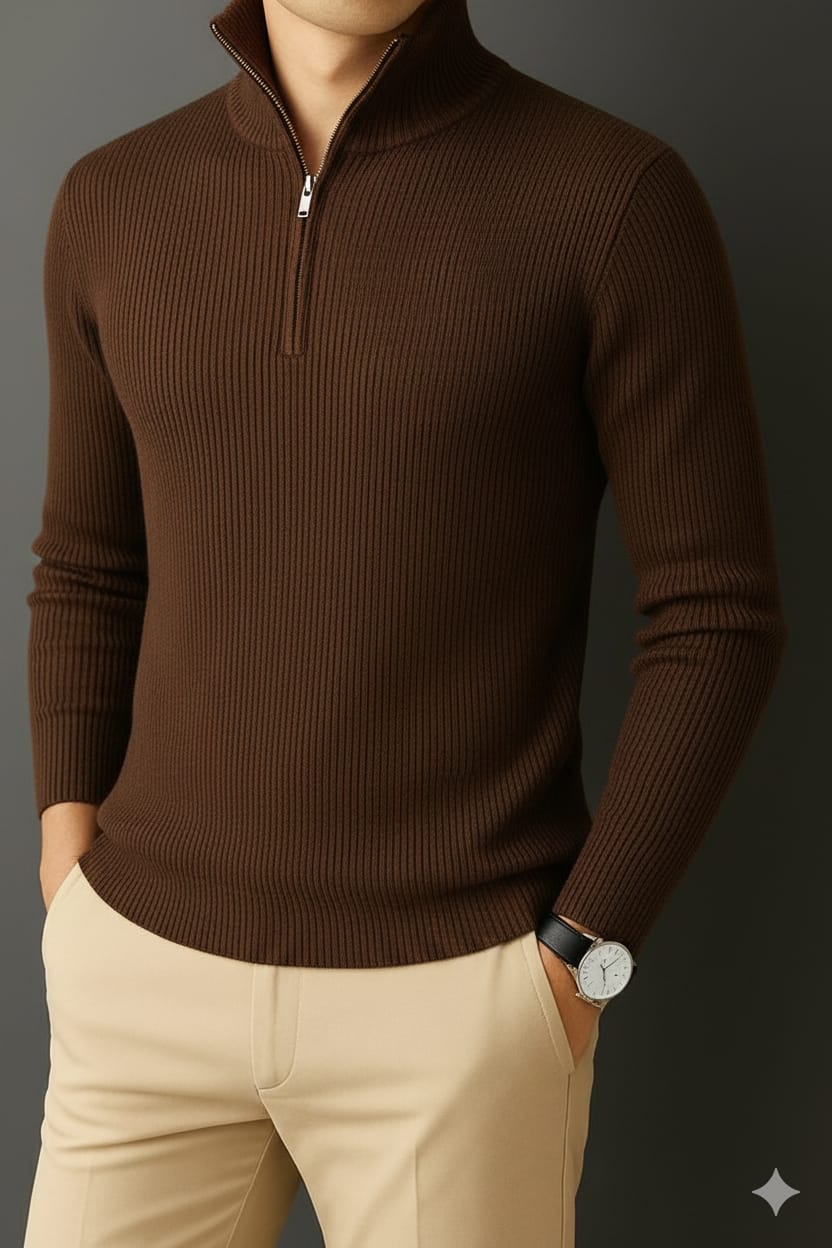 Premium Half Zipper Full Sleeve Rib Thermal T-Shirt 