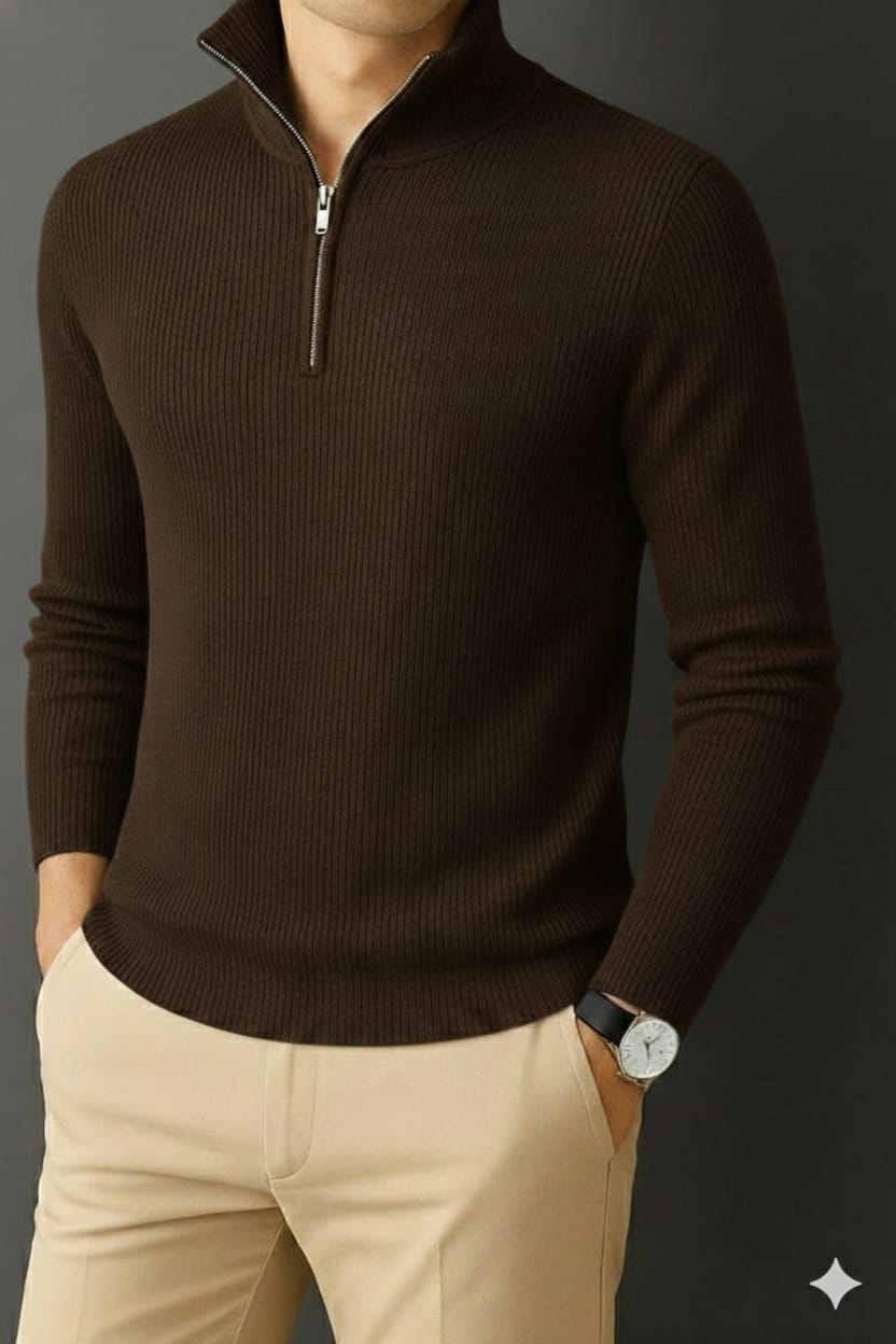 Premium Half Zipper Full Sleeve Rib Thermal T-Shirt 