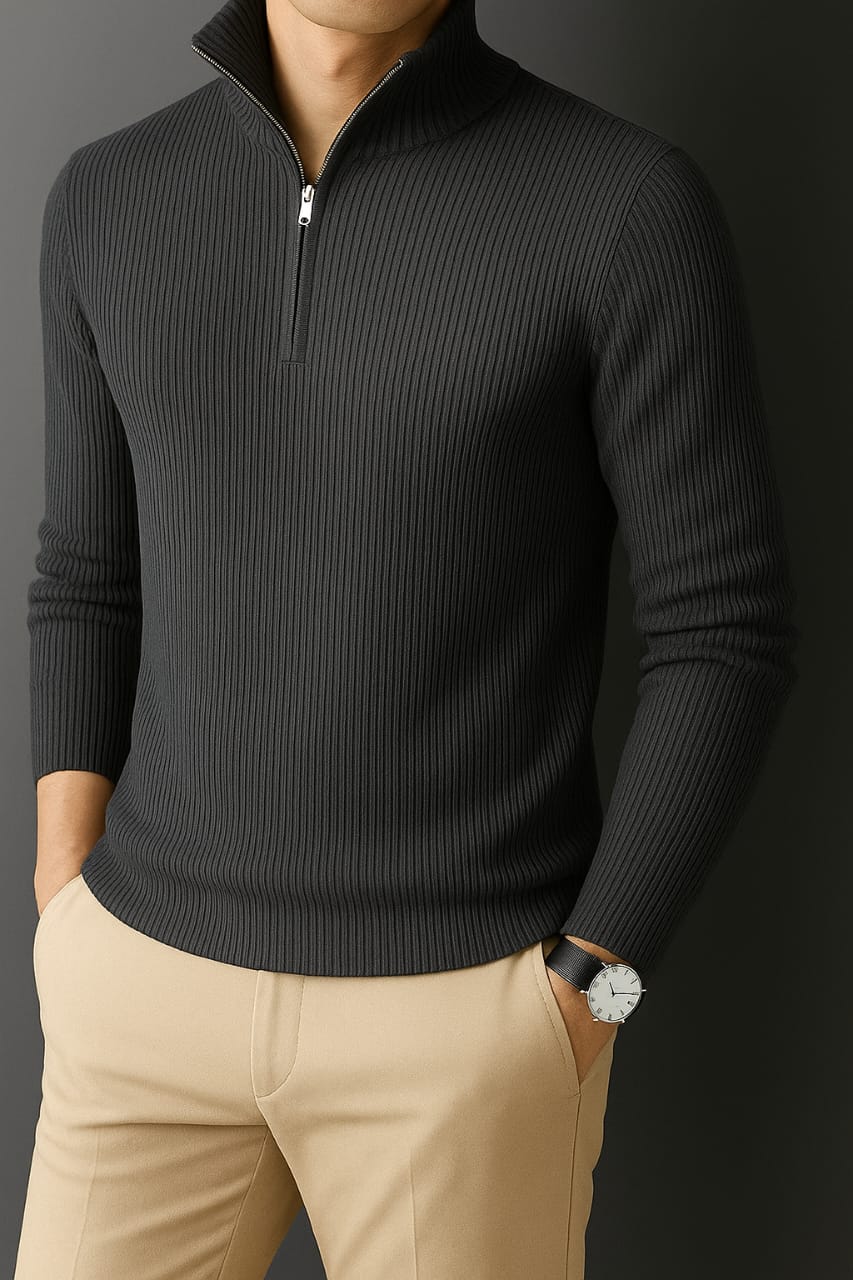 Premium Half Zipper Full Sleeve Rib Thermal T-Shirt 