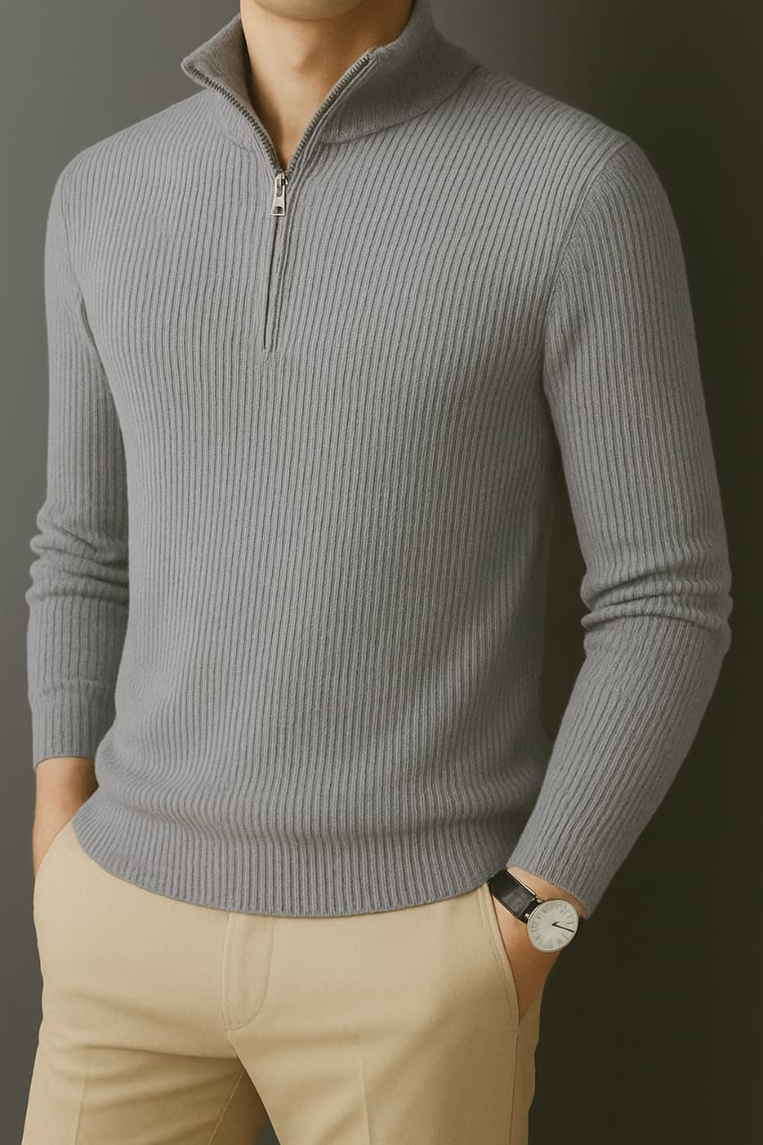 Premium Half Zipper Full Sleeve Rib Thermal T-Shirt 