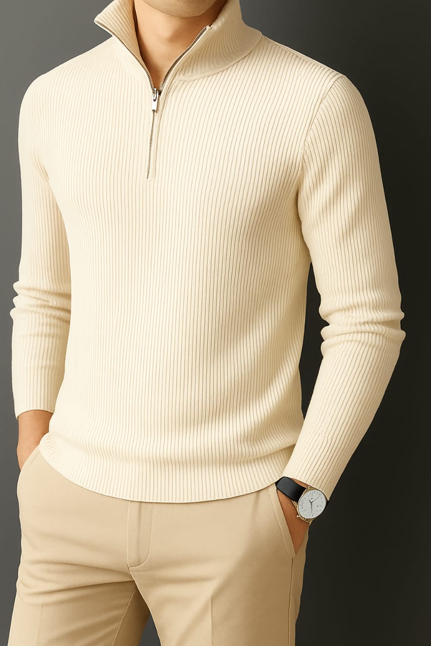 Premium Half Zipper Full Sleeve Rib Thermal T-Shirt 