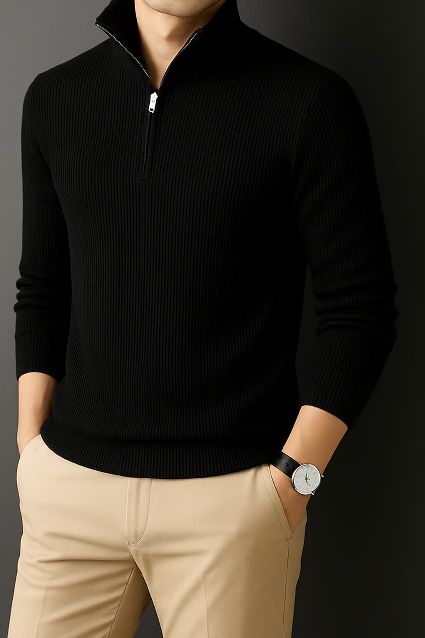 Premium Half Zipper Full Sleeve Rib Thermal T-Shirt 