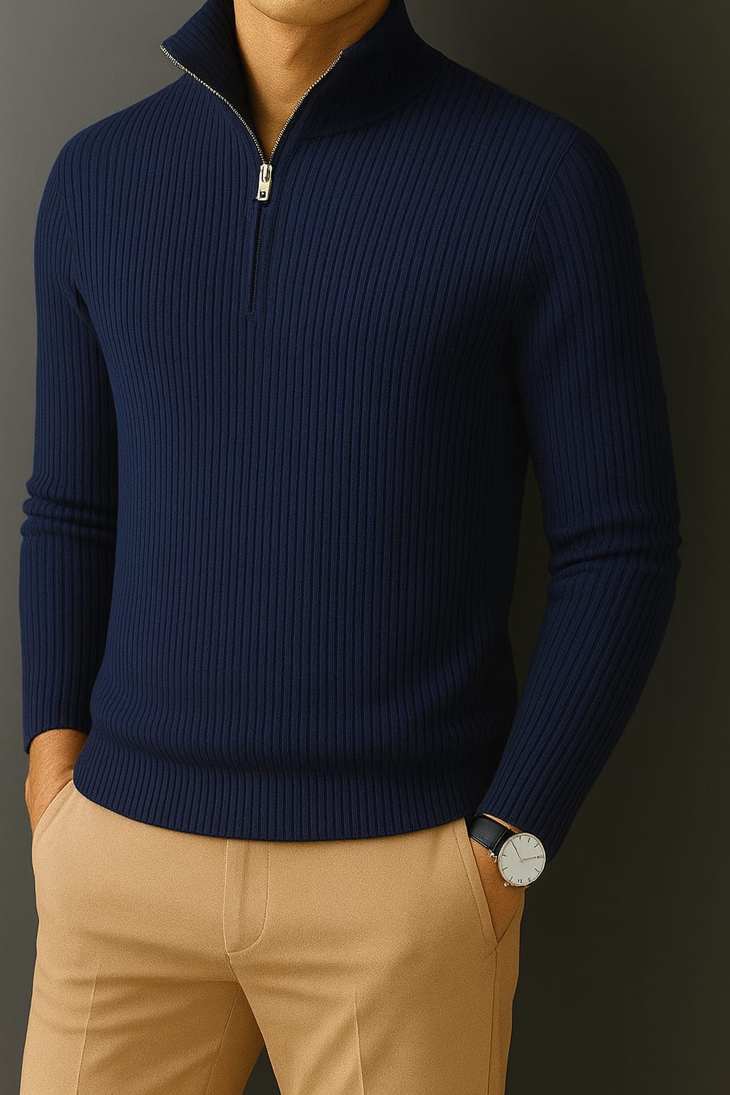 Premium Half Zipper Full Sleeve Rib Thermal T-Shirt 