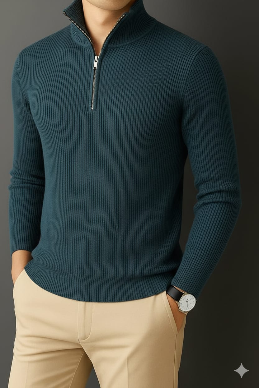 Premium Half Zipper Full Sleeve Rib Thermal T-Shirt 