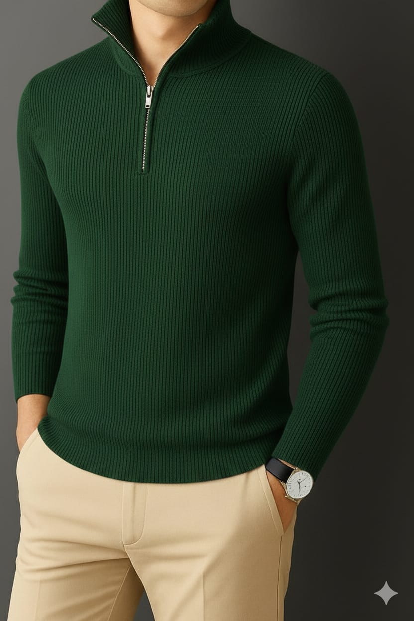 Premium Half Zipper Full Sleeve Rib Thermal T-Shirt 