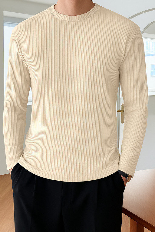 High Quality Round Neck Men's Ribbed Full Sleeve T-shirt