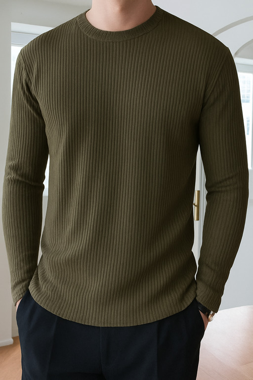 High Quality Round Neck Men's Ribbed Full Sleeve T-shirt