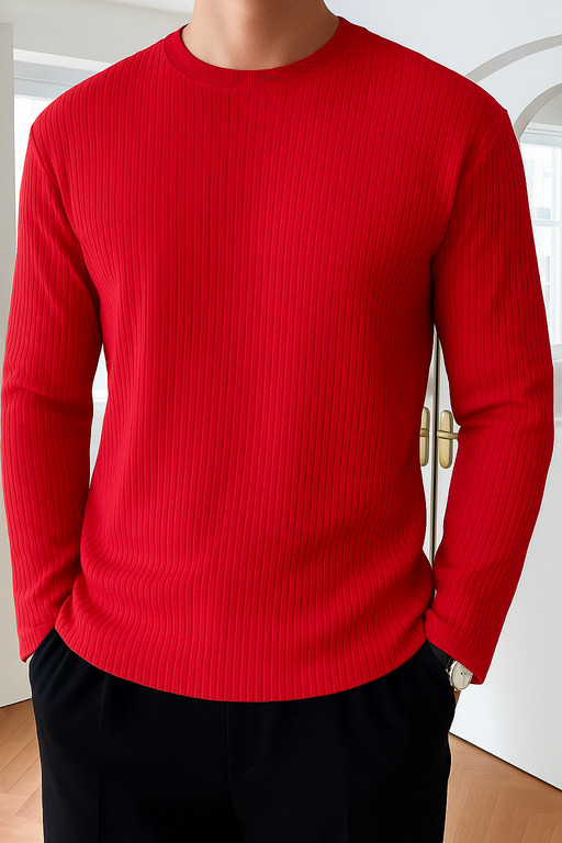 High Quality Round Neck Men's Ribbed Full Sleeve T-shirt