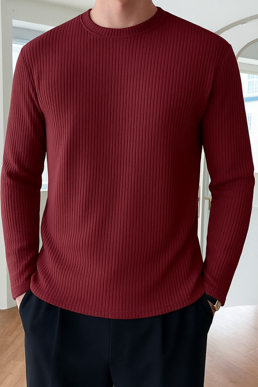 High Quality Round Neck Men's Ribbed Full Sleeve T-shirt