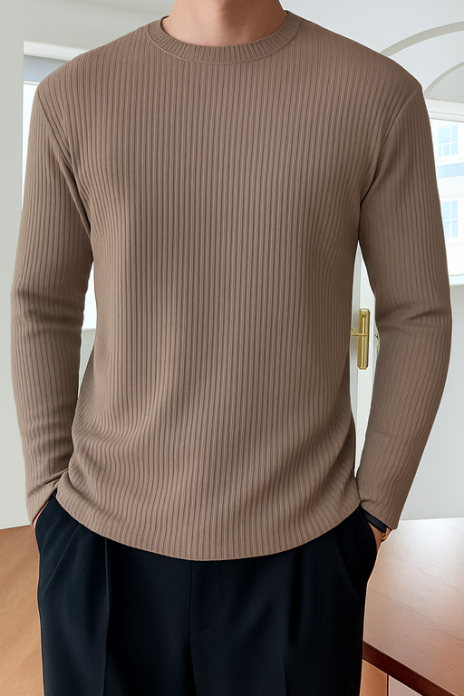 High Quality Round Neck Men's Ribbed Full Sleeve T-shirt