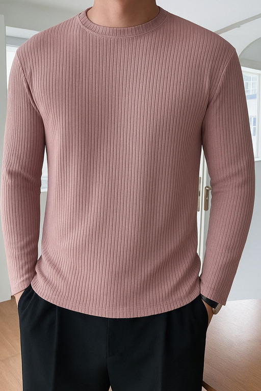 High Quality Round Neck Men's Ribbed Full Sleeve T-shirt