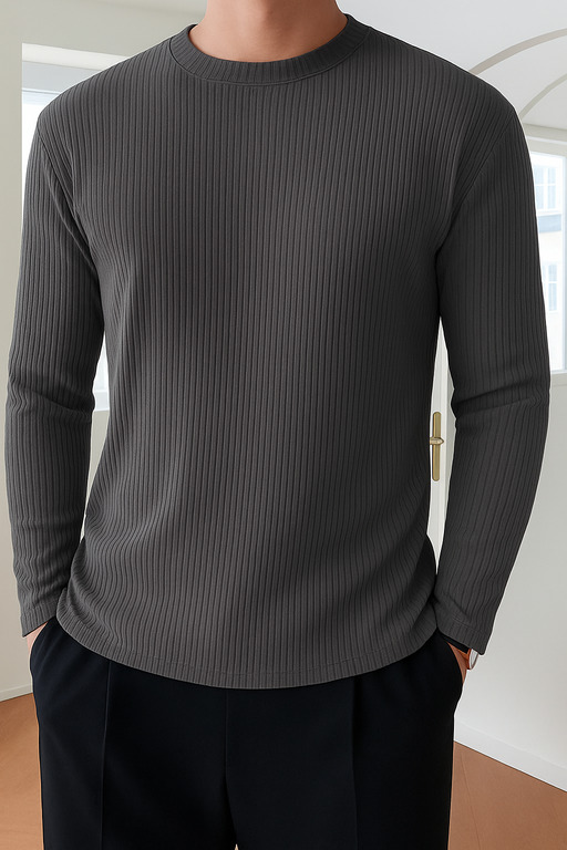 High Quality Round Neck Men's Ribbed Full Sleeve T-shirt