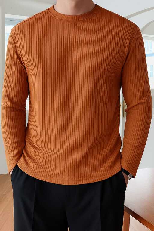 High Quality Round Neck Men's Ribbed Full Sleeve T-shirt