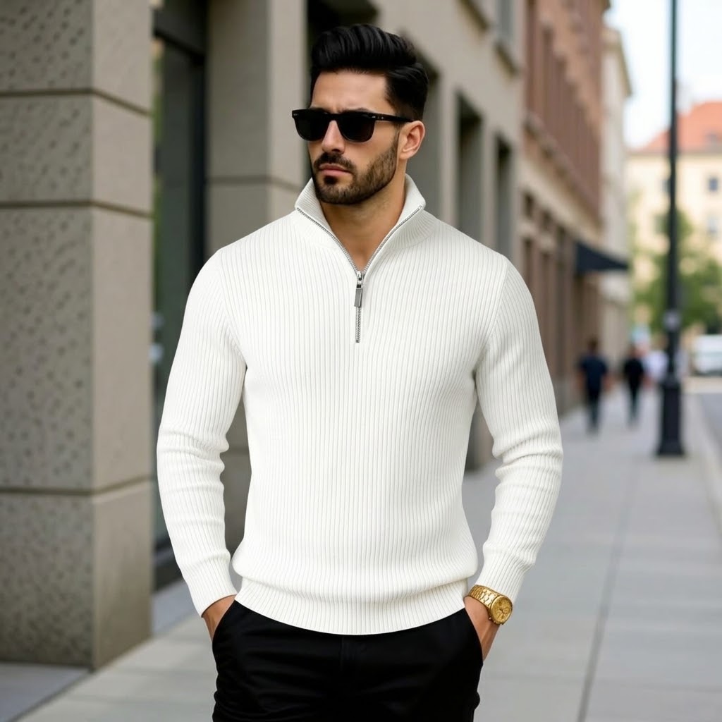  Premium Zipper Rib Thermal Tee - White