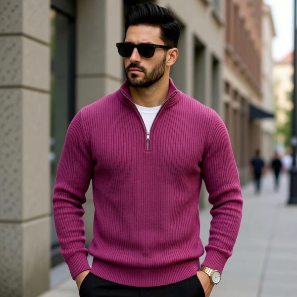 Premium Zipper Rib Thermal Tee-Purple