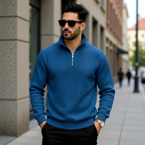 Premium Zipper Rib Thermal Tee - Royal Blue