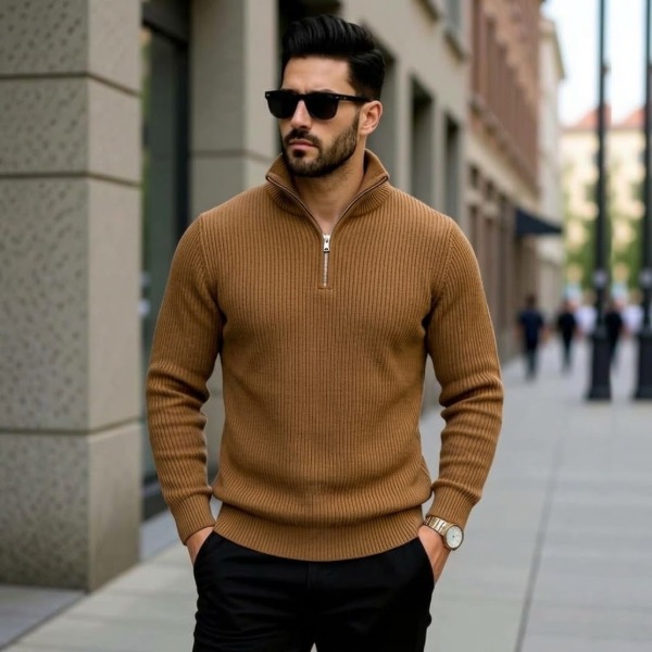 Premium Zipper Rib Thermal Tee - Brown