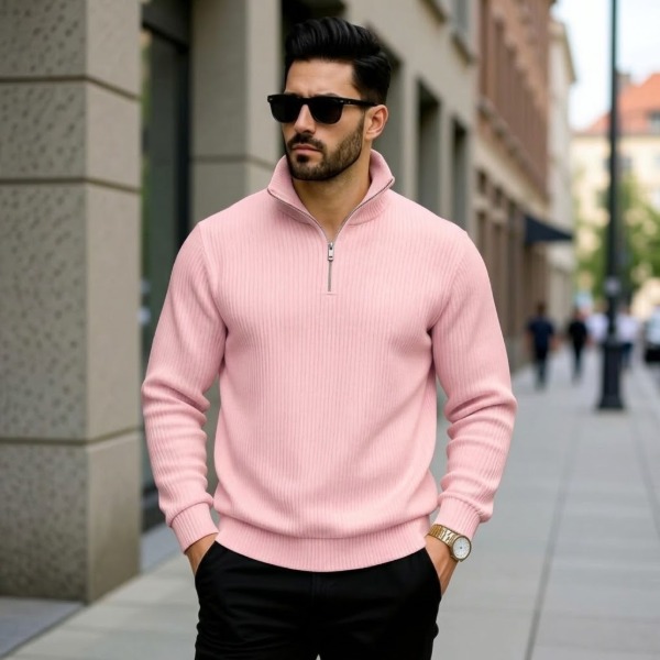 Premium Zipper Rib Thermal Tee - Light Pink