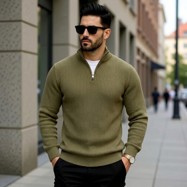 Premium Zipper Rib Thermal Tee - Olive Green
