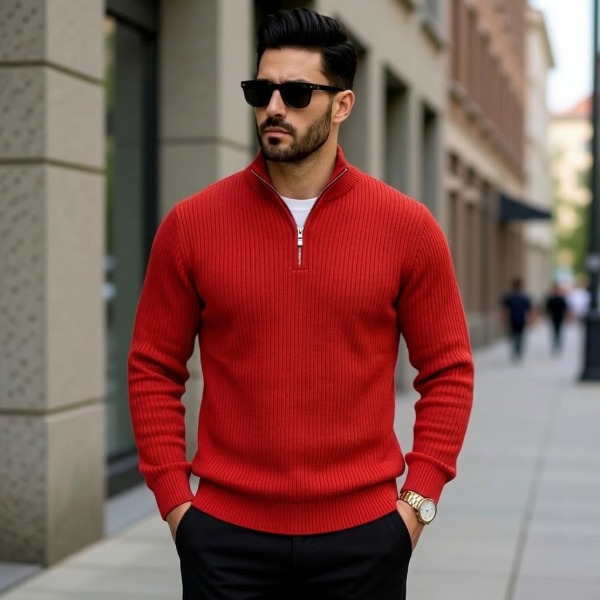 Premium Zipper Rib Thermal Tee - Red