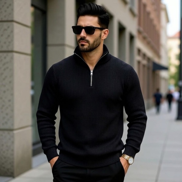 Premium Zipper Rib Thermal Tee - Black