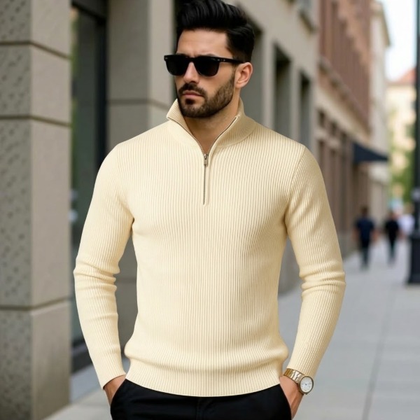 Premium Zipper Rib Thermal Tee - Cream