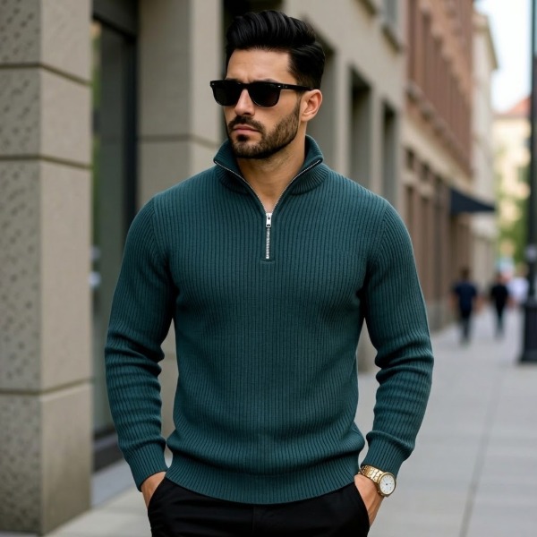 Premium Zipper Rib Thermal Tee - Dark Green
