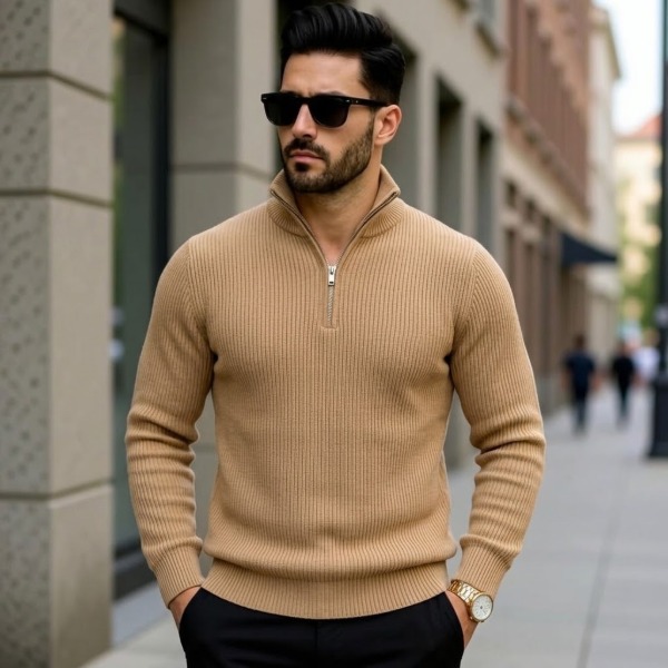 Premium Zipper Rib Thermal Tee - Light Brown
