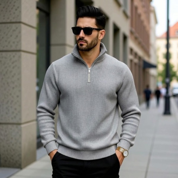 Premium Zipper Rib Thermal Tee - Gray