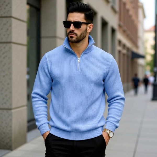 Premium Zipper Rib Thermal Tee - Sky Blue