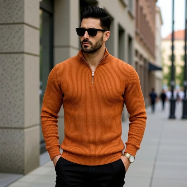 Premium Zipper Rib Thermal Tee - Terracotta