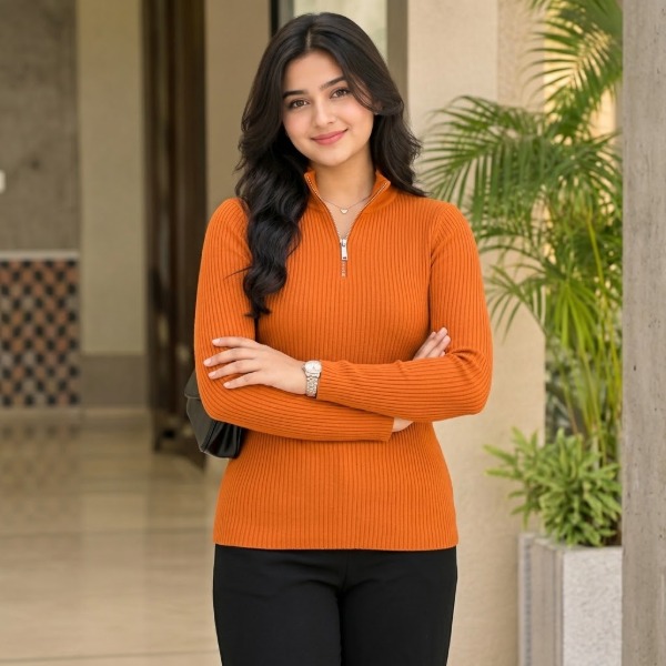 Womens Premium Zipper Rib Thermal Tee - Terracotta