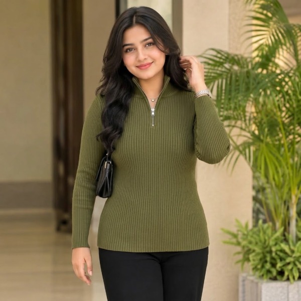 Womens Premium Zipper Rib Thermal Tee - Olive Green