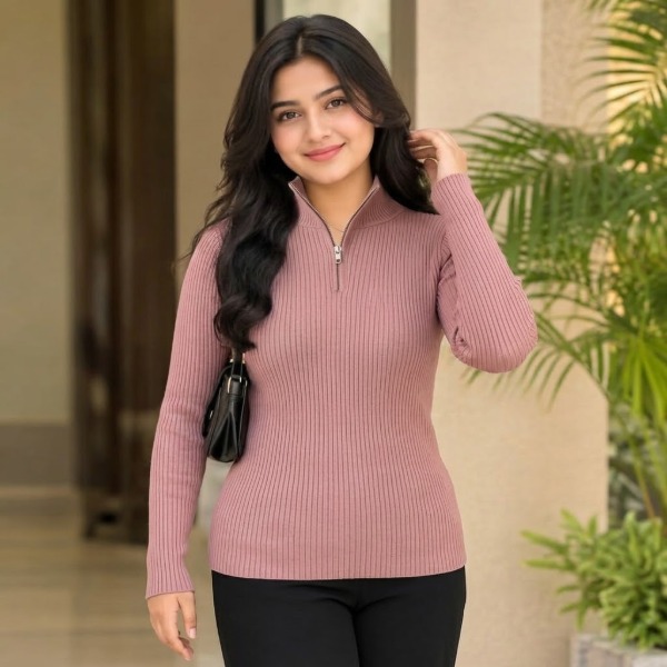 Product thumbnail Womens Premium Zipper Rib Thermal Tee - Dusty Pink