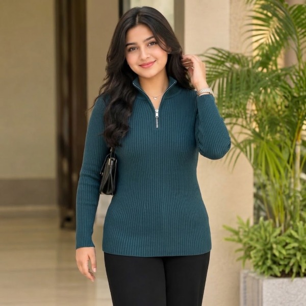Women's Premium Zipper Rib Thermal Tee - Dark Teal