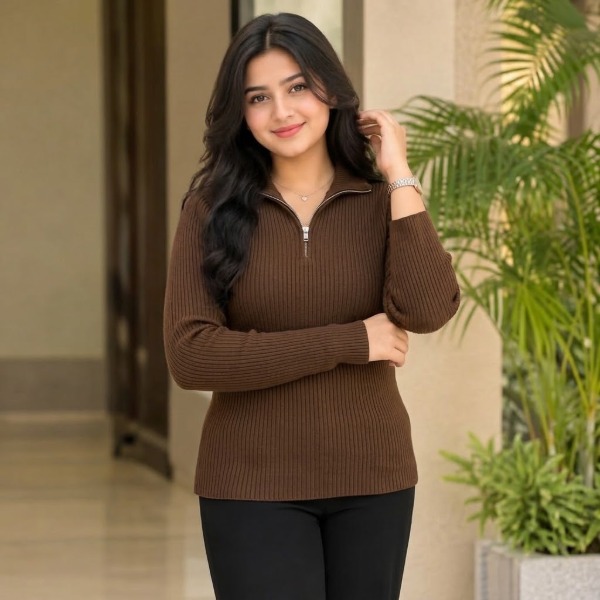 Women's Premium Zipper Rib Thermal Tee - Coffee Brown