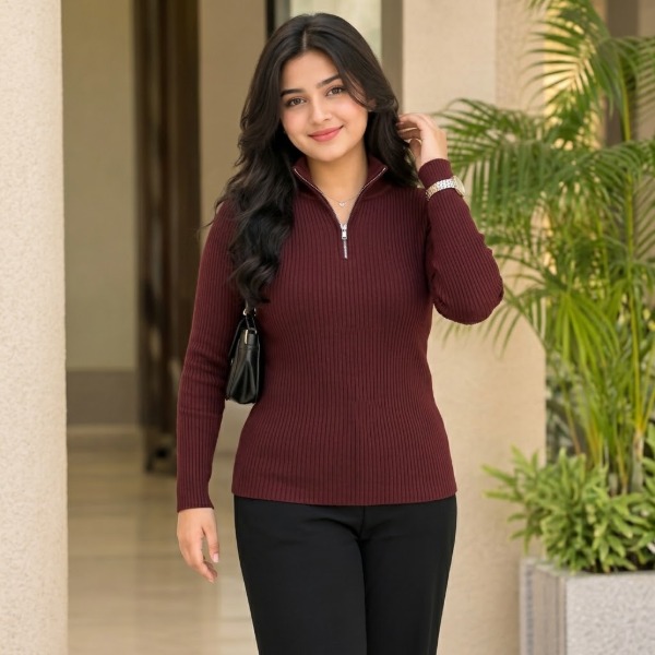 Women's Premium Zipper Rib Thermal Tee - Maroon