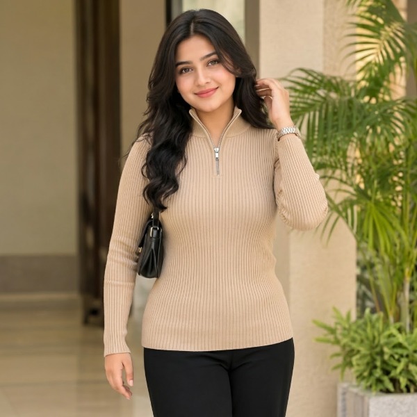 Women's Premium Zipper Rib Thermal Tee - Beige