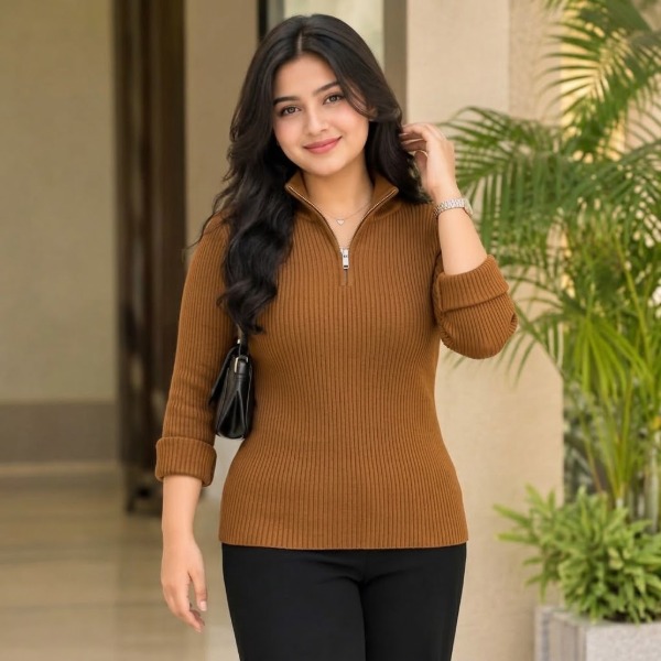 Women's Premium Zipper Rib Thermal Tee - Camel