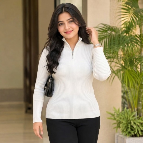 Women's Premium Zipper Rib Thermal Tee - White