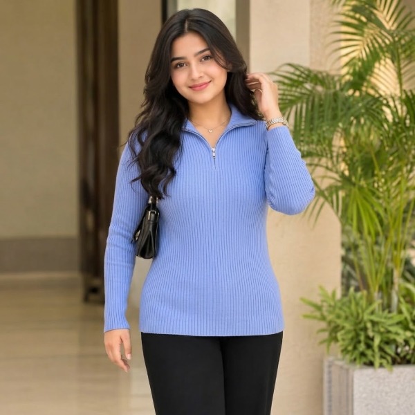 Women's Premium Zipper Rib Thermal Tee - Sky Blue