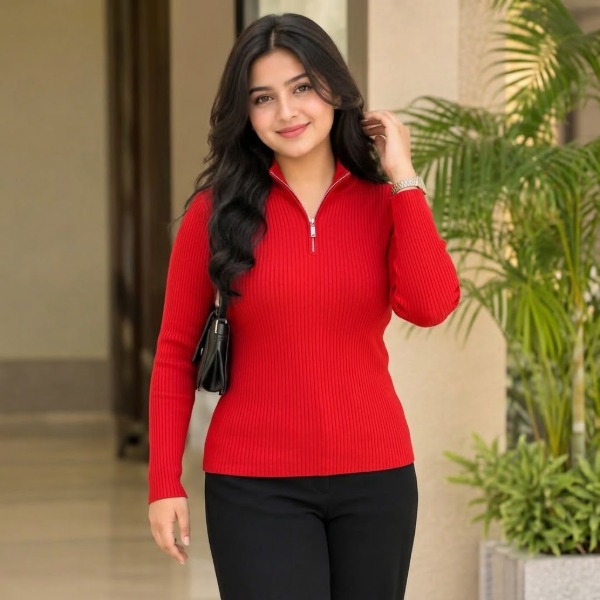 Women's Premium Zipper Rib Thermal Tee - Red
