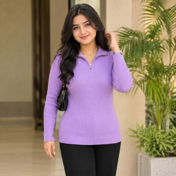 Women's Premium Zipper Rib Thermal Tee - Lavender