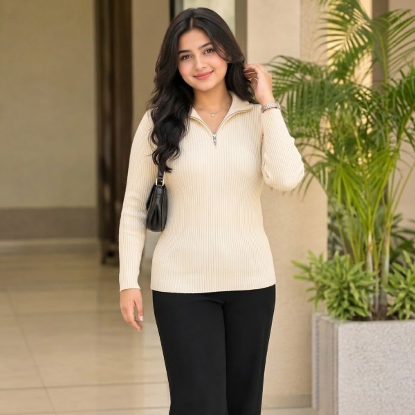 Women's Premium Zipper Rib Thermal Tee - Cream