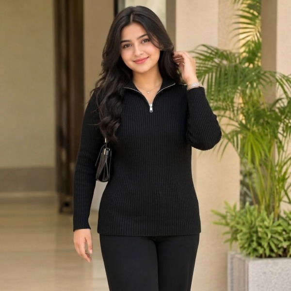 Women's Premium Zipper Rib Thermal Tee - Black